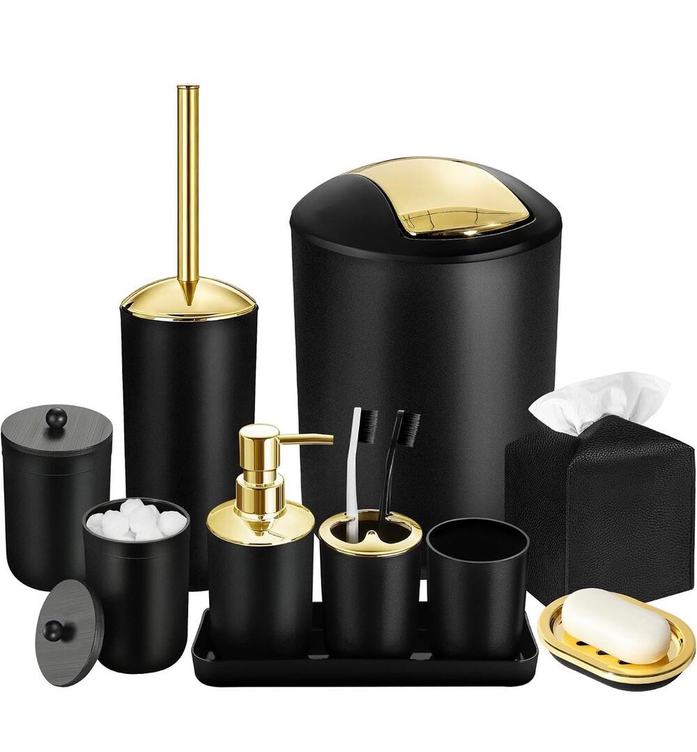 10 Pc Matte Black Bathroom Accessories Set Soap Dispenser Trash Can Tissue Box